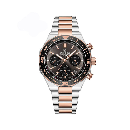 NAVIFORCE 8049 Military Active Chronograph Luxury Stainless Steel Band Quartz Calendar Men's Watches- Silver & Rose Gold