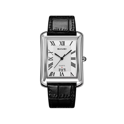 SKMEI 2575 Stainless Steel Luxury Quartz Movement Men’s Business Fashion Roman Numeral Square Case Leather Strap- Black Silver