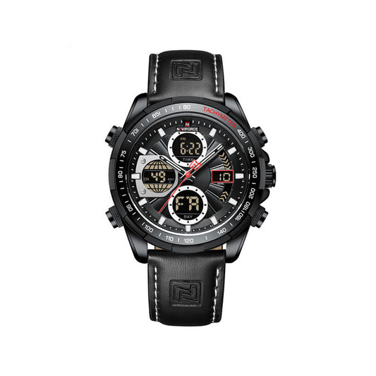 NAVIFORCE 9197 Digital & Analog Display Leather Casual Military Sport Wristwatch for Men’s- Black