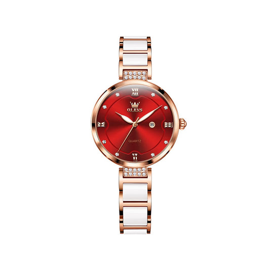 OLEVS 5589 Luxury Design Quartz Watch - Silver & Red