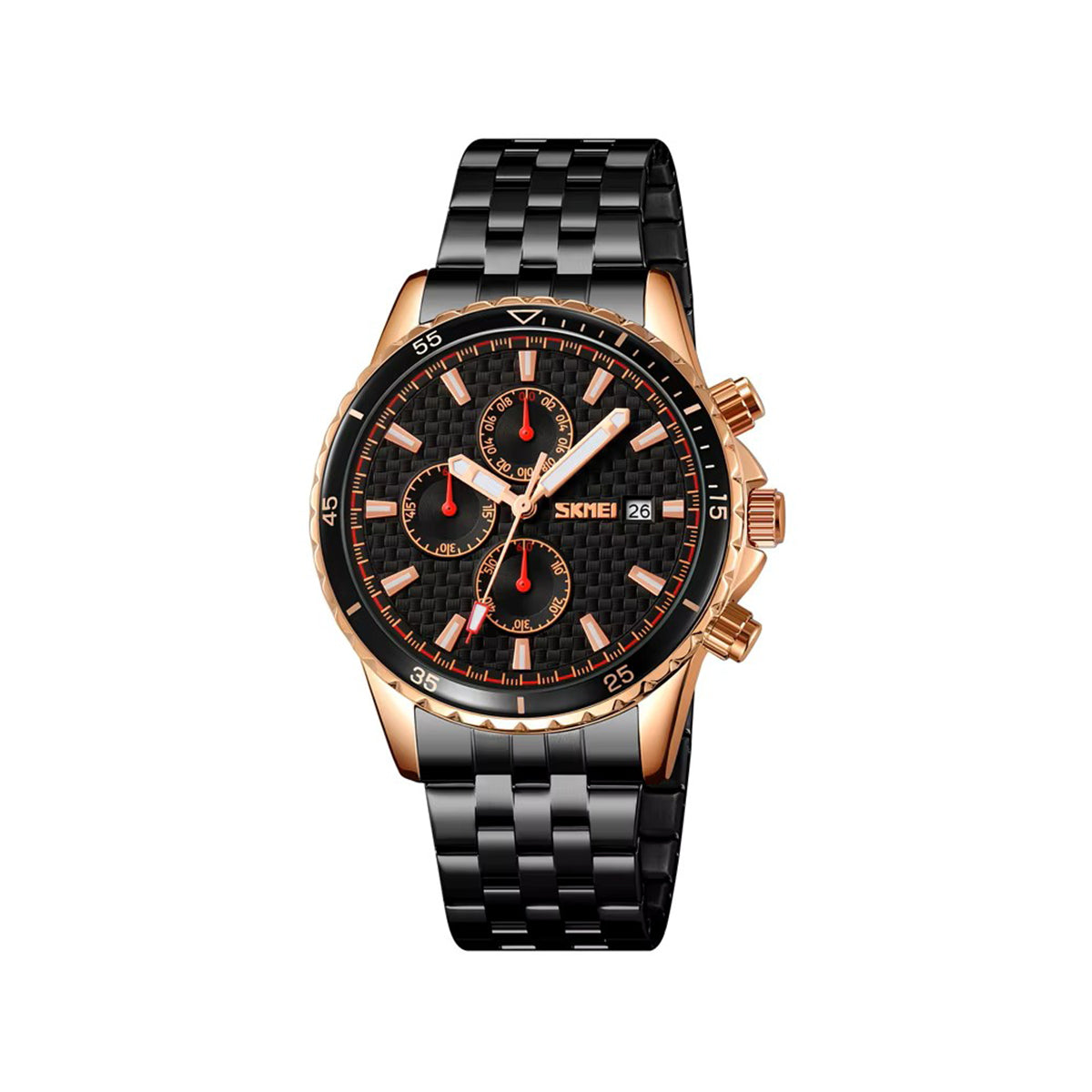 SKMEI 9334 Chronograph Stainless Steel Men's Quartz Watch- Black & Rose Gold