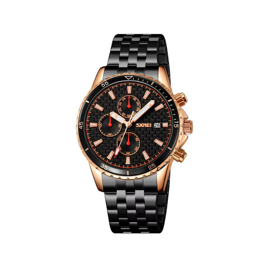 SKMEI 9334 Chronograph Stainless Steel Men's Quartz Watch- Black & Rose Gold