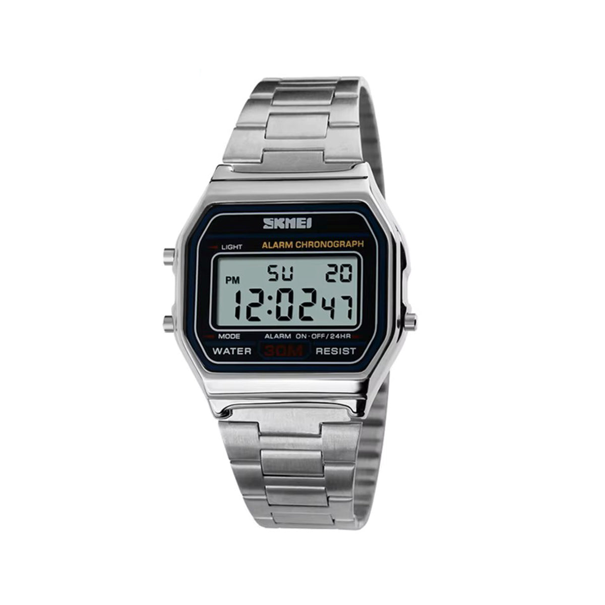 SKMEI 1123 Classic design Unisex Square Digital Display Multi-Function Stainless Steel watch- Silver