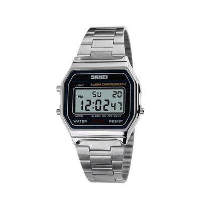SKMEI 1123 Classic design Unisex Square Digital Display Multi-Function Stainless Steel watch- Silver