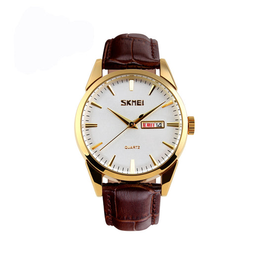 SKMEI 9073 Classic Quartz leather belt Men's wristwatch- Brown & Gold
