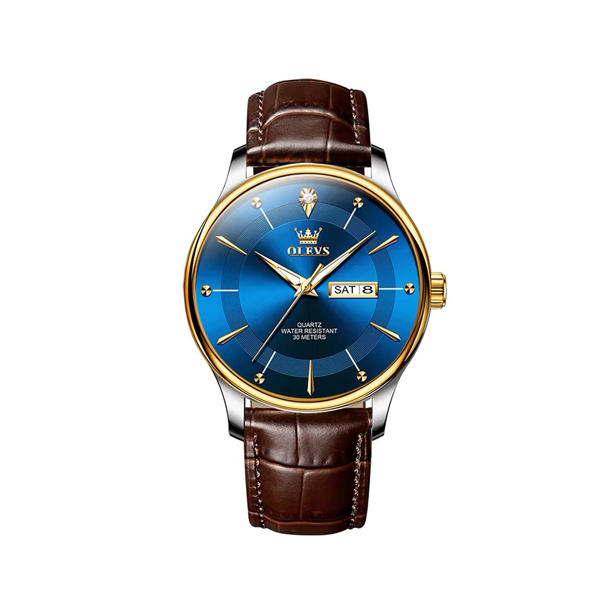 Olevs 9908 PU Leather Analog Wrist Watch For Men - Chocolate & Blue