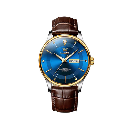 Olevs 9908 PU Leather Analog Wrist Watch For Men - Chocolate & Blue