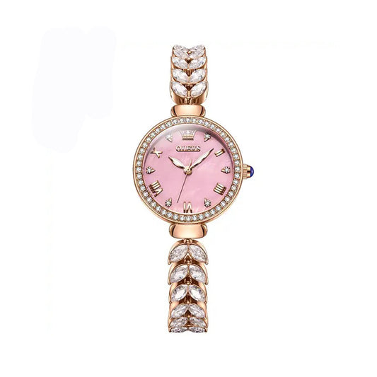 OLEVS 9971 Trendy Rhinestone Bracelet Watch For Women-Rose Gold & Pink