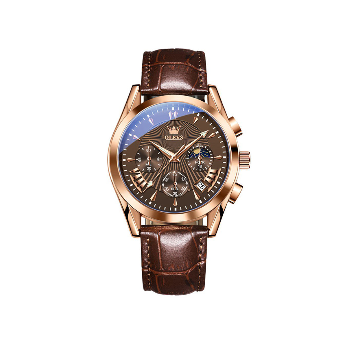 OLEVS 2876 Luxury Fashion Leather Quartz Wristwatch Men- Brown & Rose Gold