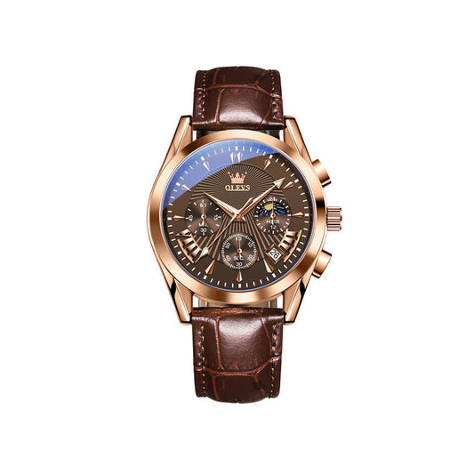 OLEVS 2876 Luxury Fashion Leather Quartz Wristwatch Men- Brown & Rose Gold