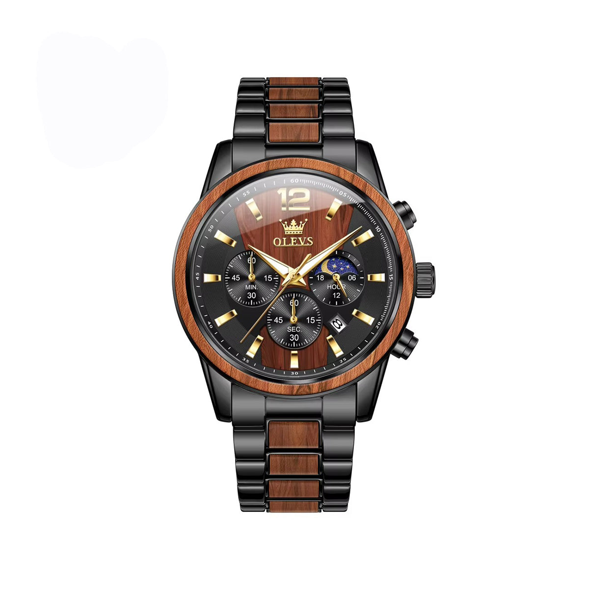 OLEVS 3645 Wooden Chronograph Stainless Steel Men's Watch-Black v2