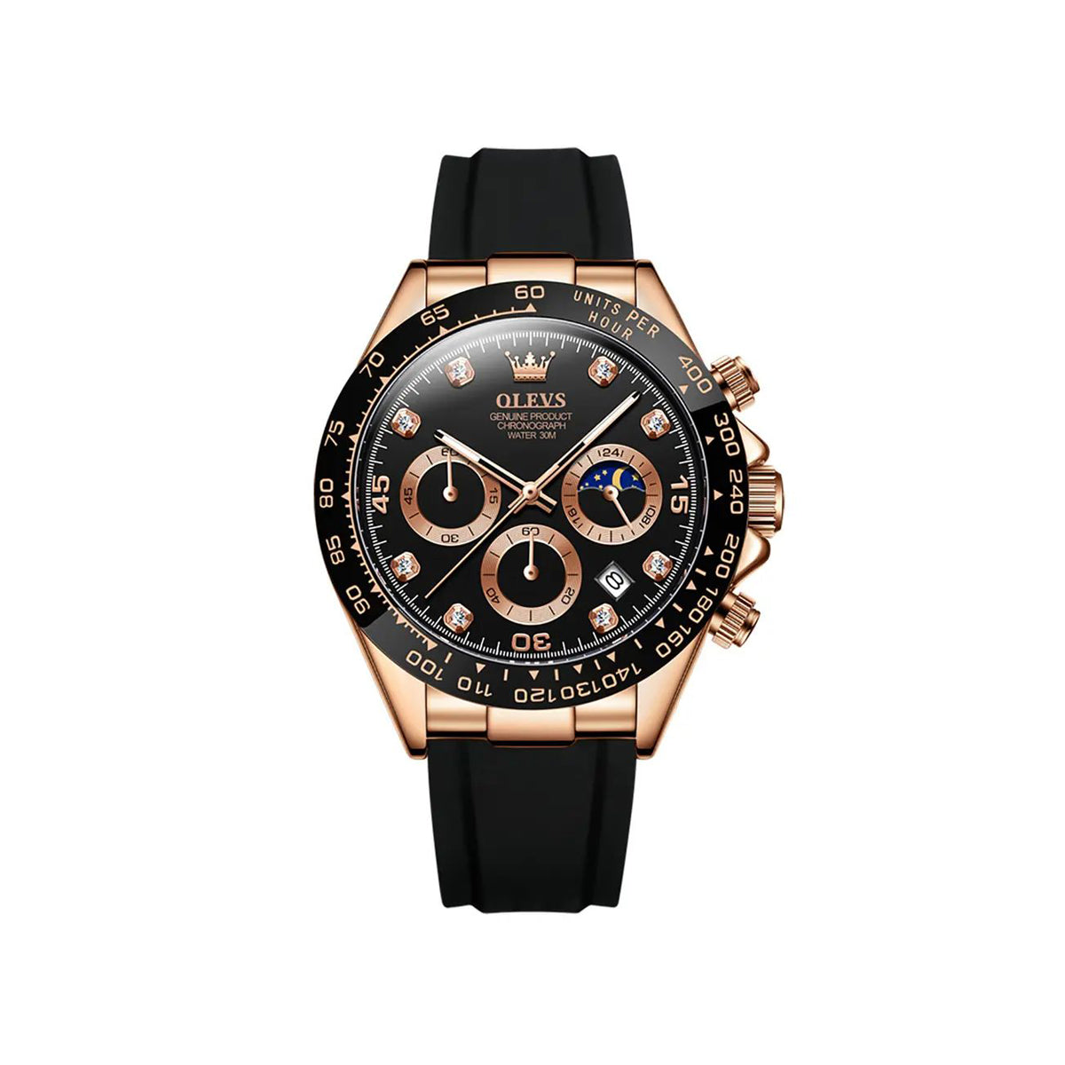 Olevs 2875 Luxury Silicone Rubber strap Luminous Chronograph business Wrist watch for Men’s- Black & Rose Gold
