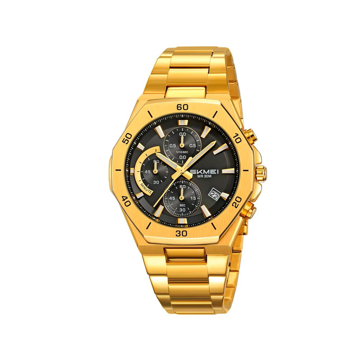 SKMEI 2452 Luxury Active Chronograph Luminous Stainless Steel Men’s Quartz Watch- Gold Black