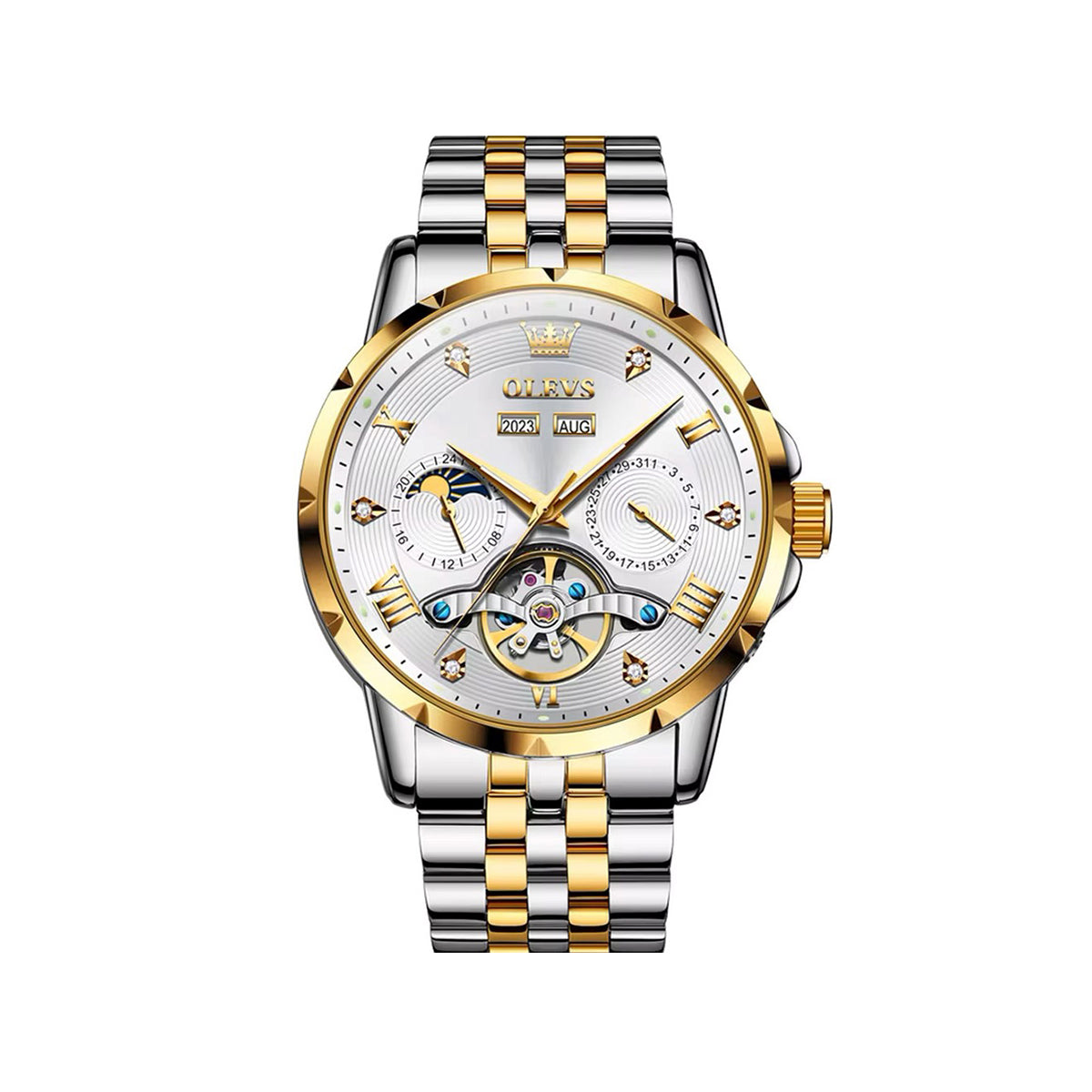 Olevs 6691 Luxury Tourbillon Automatic Mechanical Watch - Silver & Gold