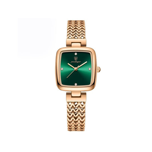 POEDAGAR 768 Luxury Square Elegant Fashion Ladies Watch- Rose Gold & Green