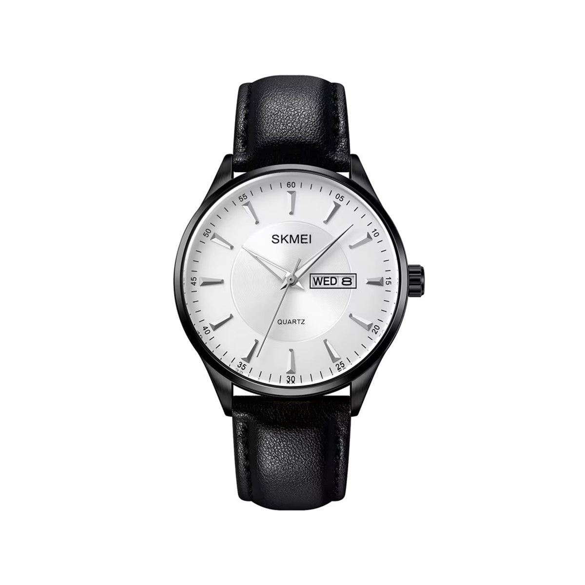 SKMEI 2075 Classic Leather straps Calendar Storage Men’s watch- Black Silver