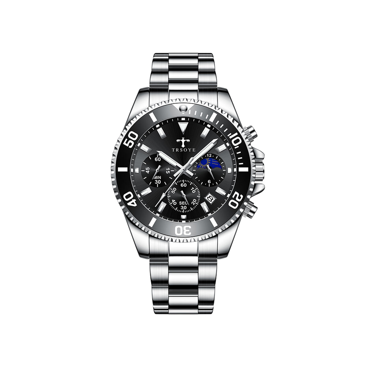 Trsoye 688 Casual Men’s steel Strap 3 dials water resistant date display business watch- Silver Black