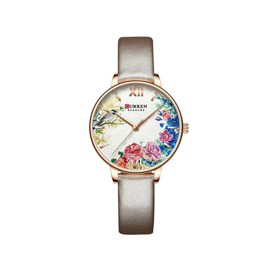 CURREN 9059 Fashion Floral Pattern Quartz Belt Watch for Women - Ash