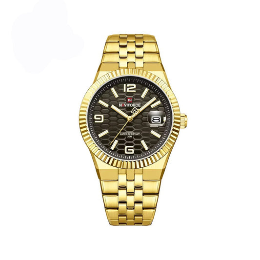 NAVIFORCE 9277 Stylish Analog Quartz Men’s Watch with Durable Stainless Steel Strap and Water Resistance- Gold Black
