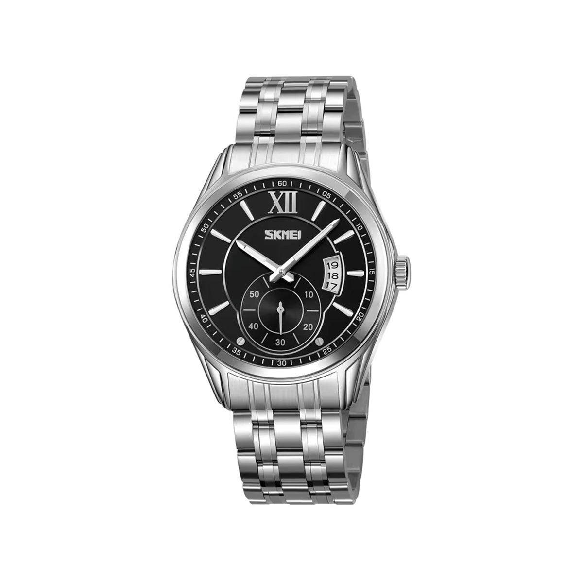 Skmei 9319 Quartz Luminous Luxury Stainless Steel Classic Calendar Men’s Wrist-watches- Silver Black