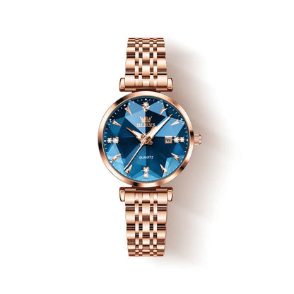 OLEVS 5536 Diamond Cart Luxury Exquisite Water-resistant Ladies Watch- Rose Gold & Blue
