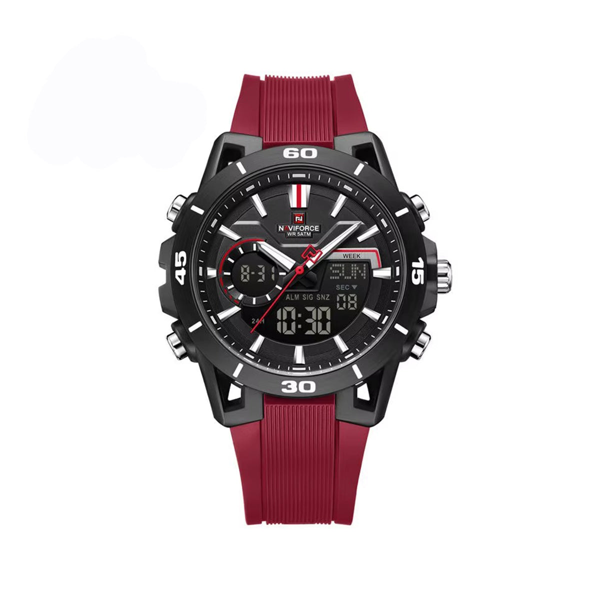 Naviforce 7135 Luxury Analog Quartz Wristwatch with Silicone Strap, Waterproof Casual & Business Style Men’s Watch- Red