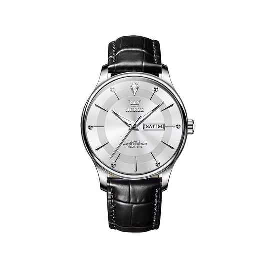 Olevs 9908 PU Leather Analog Wrist Watch For Men - Black & White