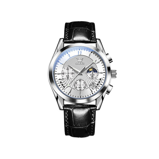 OLEVS 2876 Luxury Fashion Leather Quartz Wristwatch Men- Black white
