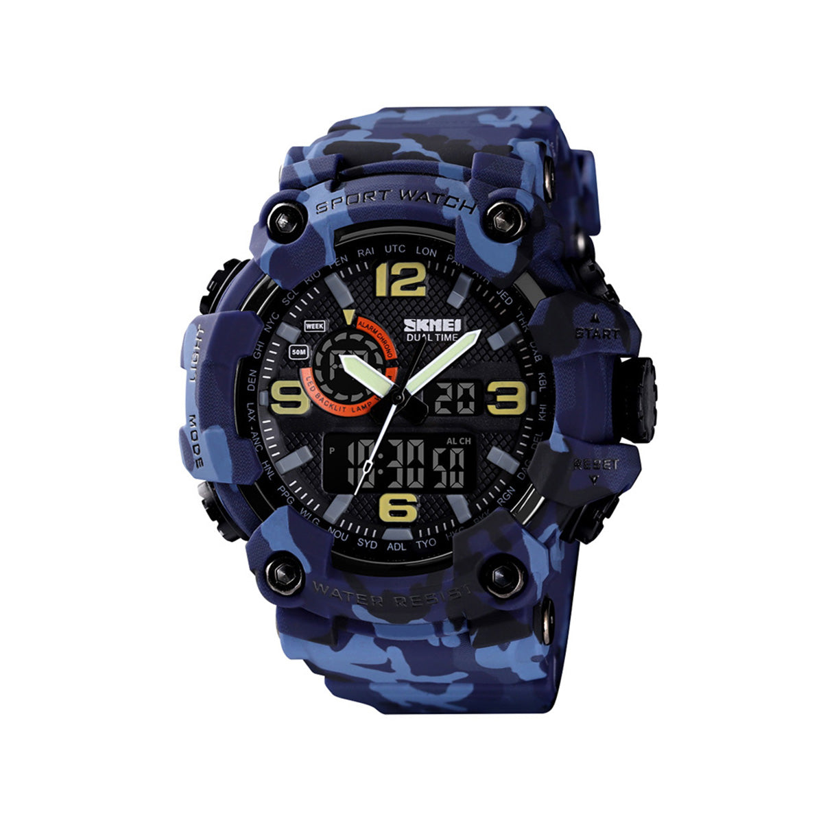 SKMEI 1520 Tactical Rugged Dual-Time 5ATM Waterproof Extreme Durable Military Watch for Men’s- Blue Camo