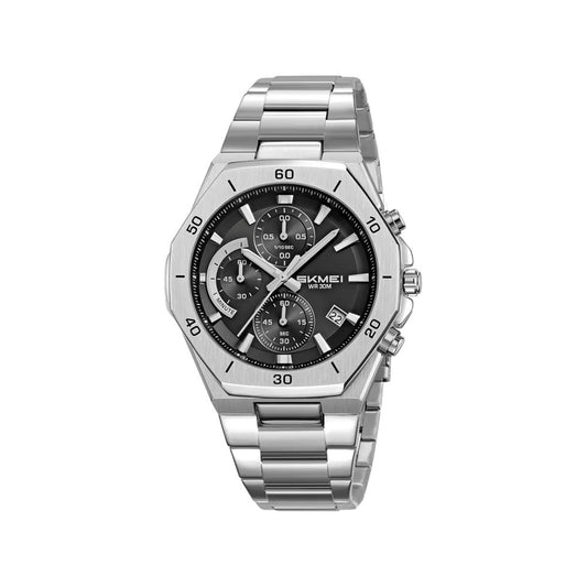 SKMEI 2452 Luxury Active Chronograph Luminous Stainless Steel Men’s Quartz Watch- Silver Black