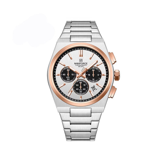 NAVIFORCE 8048 Premium Active Chronograph Luxury Stainless Steel Strap Men’s watch- Silver & Rose Gold
