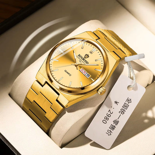 BINBOND 102 Stainless Steel Luxury Quartz Watch For Men- Gold