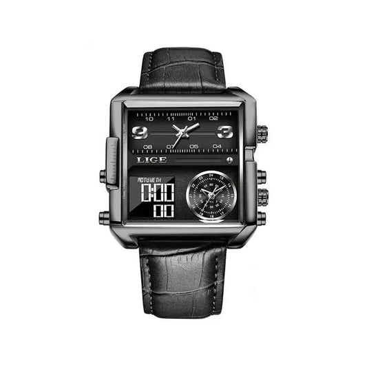 LIGE 8925 Luxury Square Digital Sports Quartz Wrist Watch for Men- Black