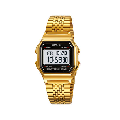 SKMEI 2465 Classic Digital LED Display Multi-Function Retro Unisex Thin Strip Wristwatch- Gold