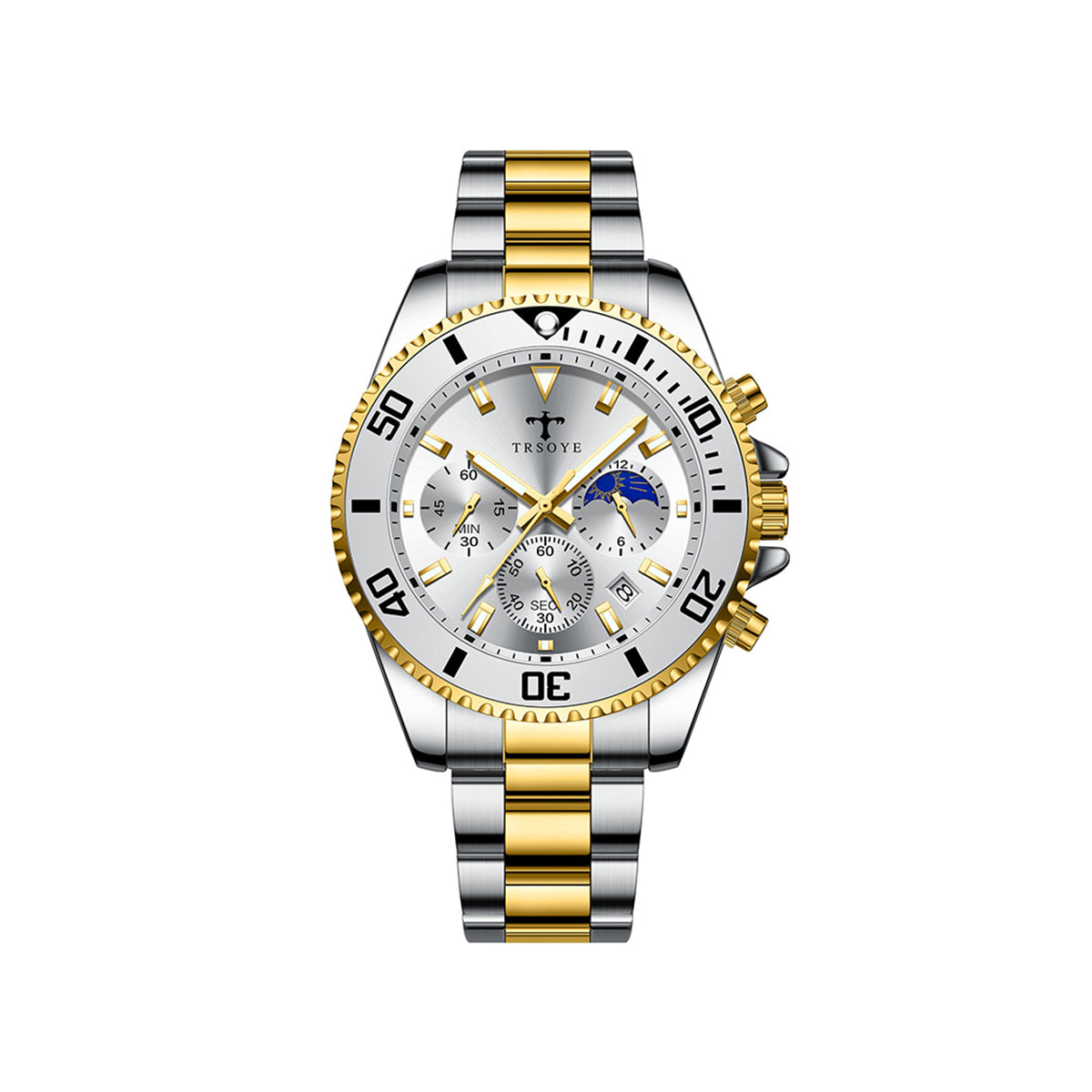 Trsoye 688 Casual Men’s steel Strap 3 dials water resistant date display business watch- Silver Gold & White