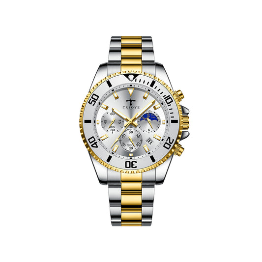Trsoye 688 Casual Men’s steel Strap 3 dials water resistant date display business watch- Silver Gold & White