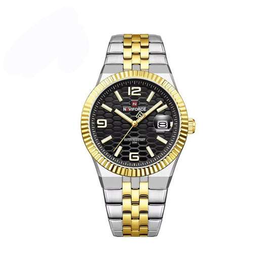 NAVIFORCE 9277 Stylish Analog Quartz Men’s Watch with Durable Stainless Steel Strap and Water Resistance- Silver Gold & Black