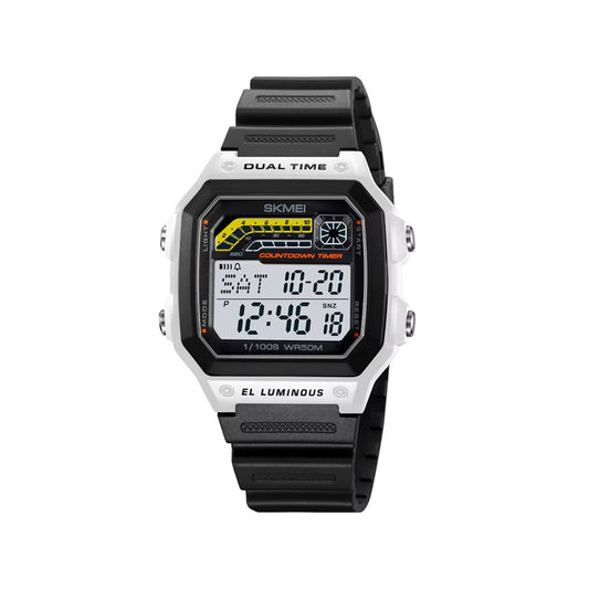 SKMEI 2307 Vintage 5ATM Waterproof Digital Square Silicon Strap Men’s Watch- Black White