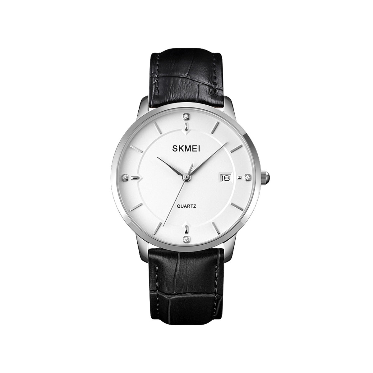 SKMEI 1801 Stainless Steel Leather Quartz Men’s watch- Black Silver