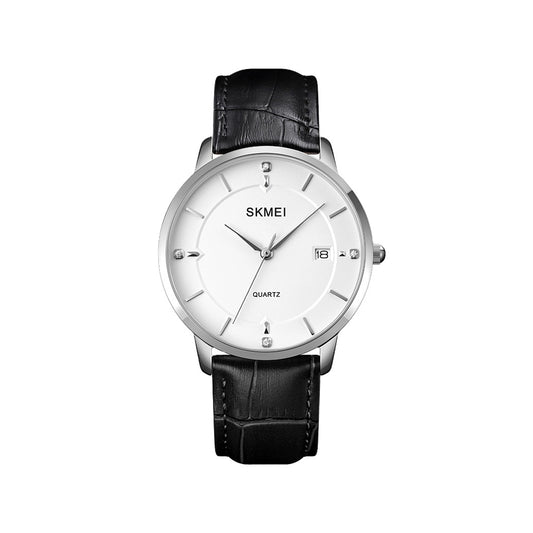 SKMEI 1801 Stainless Steel Leather Quartz Men’s watch- Black Silver