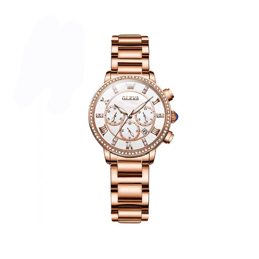 OLEVS 9976 Luxury Women's Chronograph Watch- Rose Gold & White