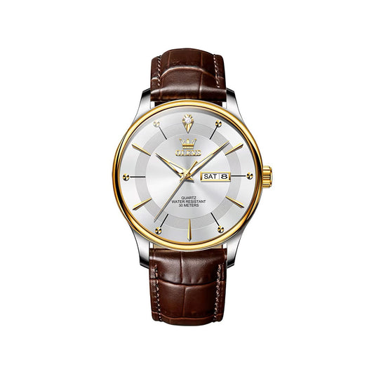 Olevs 9908 PU Leather Analog Wrist Watch For Men - Chocolate & White