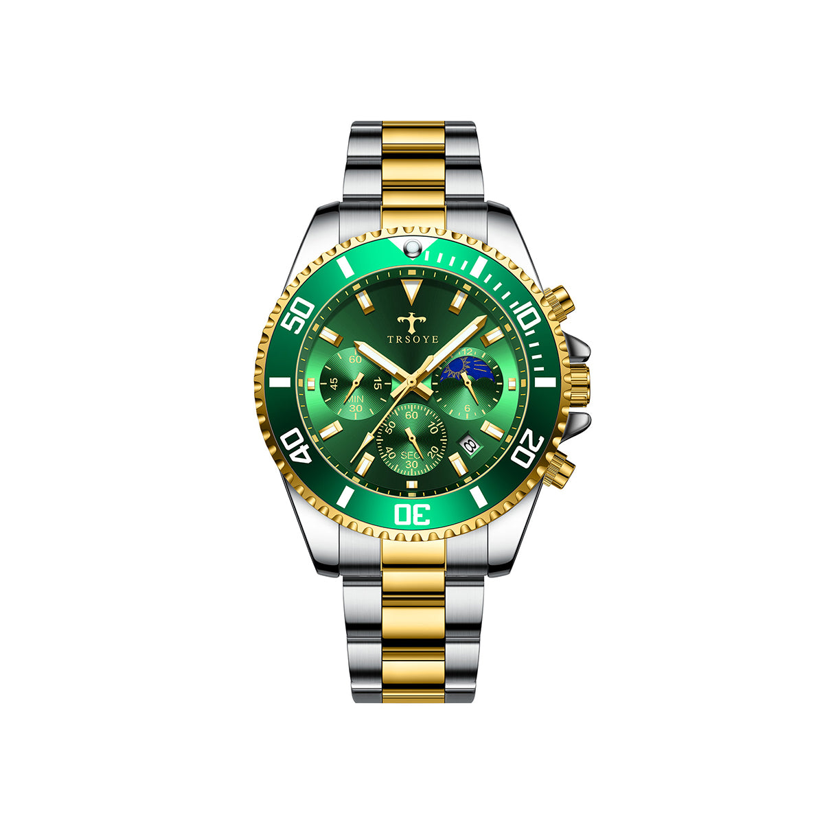 Trsoye 688 Casual Men’s steel Strap 3 dials water resistant date display business watch- Silver Gold & Green