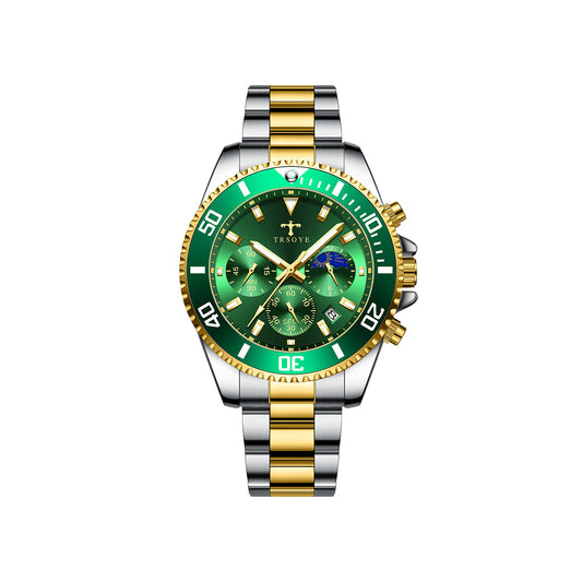 Trsoye 688 Casual Men’s steel Strap 3 dials water resistant date display business watch- Silver Gold & Green