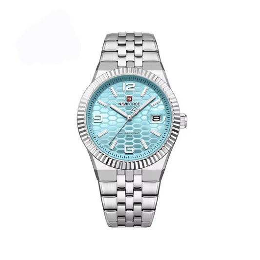 NAVIFORCE 9277 Stylish Analog Quartz Men’s Watch with Durable Stainless Steel Strap and Water Resistance- Silver & Sky Blue