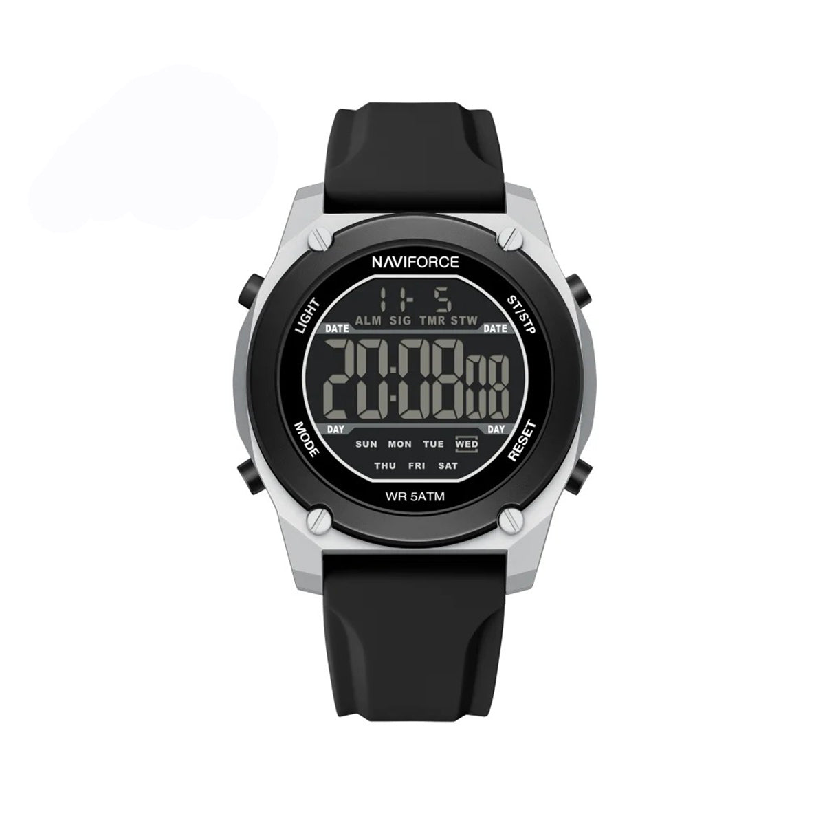 NAVIFORCE NF7134 Night Light Calendar Display Waterproof Shockproof Silicone Strap Men's Fashion Sport Watch- Black White