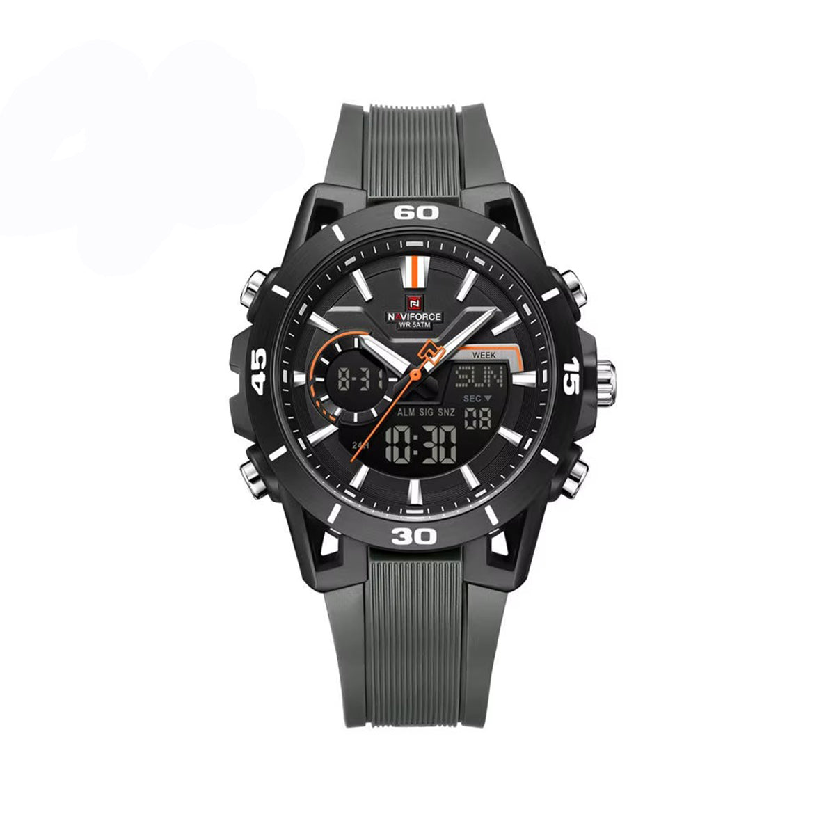 Naviforce 7135 Luxury Analog Quartz Wristwatch with Silicone Strap, Waterproof Casual & Business Style Men’s Watch- Grey