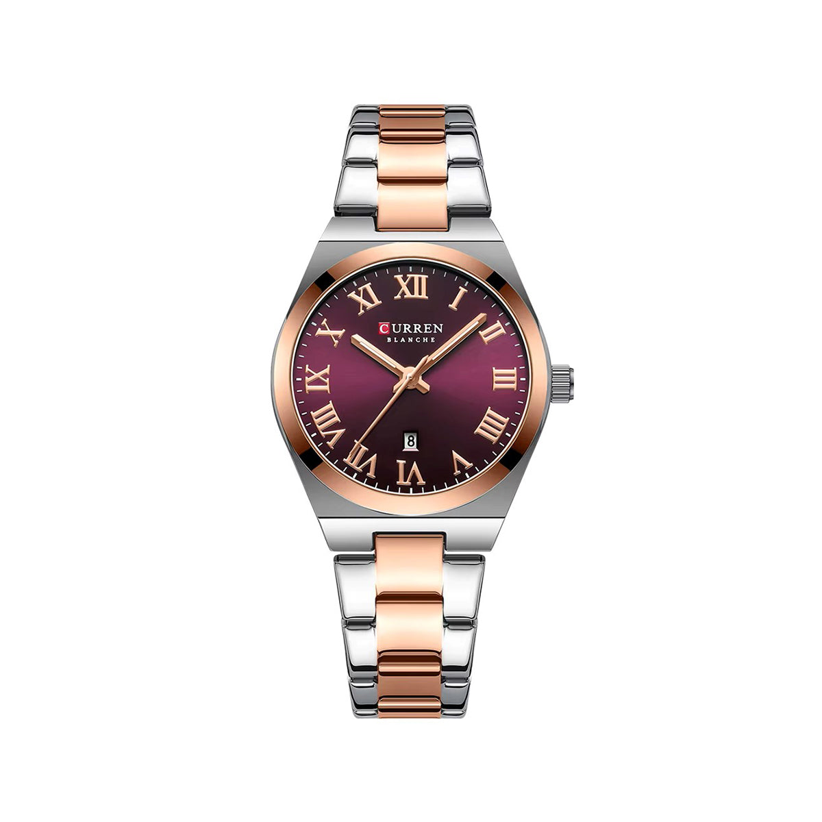CURREN 9095 Elegant Stainless Steel Classic Women Quartz Watch- Silver Rose Gold & Maroon