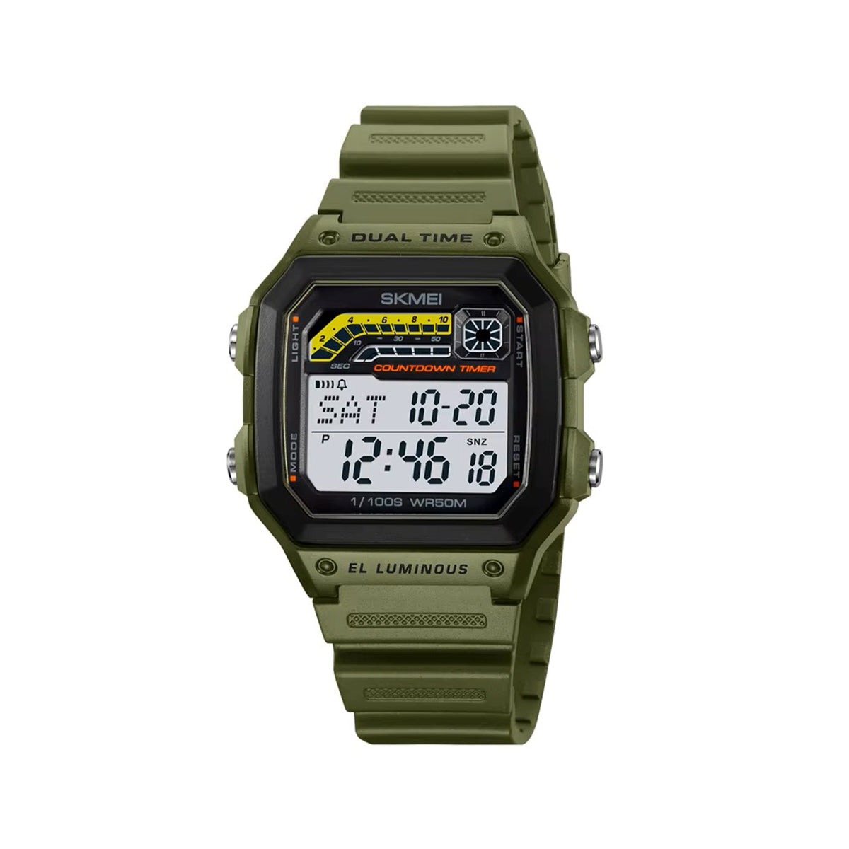 SKMEI 2307 Vintage 5ATM Waterproof Digital Square Silicon Strap Men’s Watch- Green