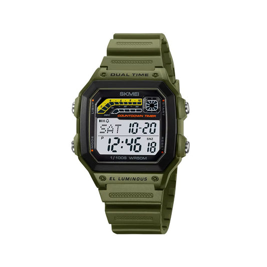 SKMEI 2307 Vintage 5ATM Waterproof Digital Square Silicon Strap Men’s Watch- Green